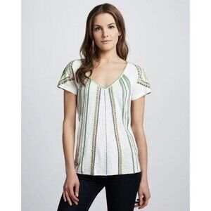 Free People White Multicolor Embroidered Boho V-Neck Short Sleeve Top Womens XS